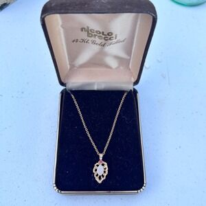 Nicolo Brecci Vintage 14Kt Gold Filled White Opal Pink Ruby Filigree Necklace